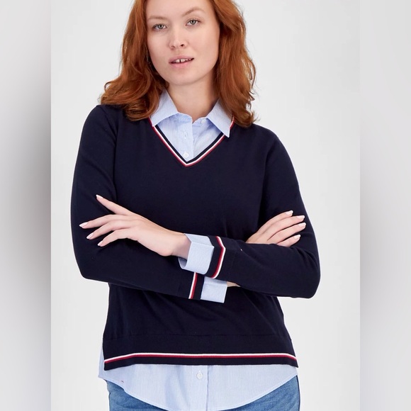 Tommy Hilfiger Women's Blue Cornell Layered Look Pullover Sweater Size Small - Picture 3 of 13